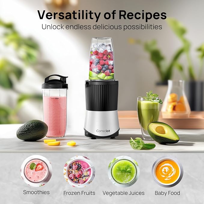 Consciot 11-Piece Blender for Kitchen and Personal Size, 900 Peak Watts | Blend Shakes & Smoothies, Frozen Drinks, Baby Food, Spreads & More, 3 Portable BPA-Free To-Go Cups, 2 Spout-Lids & 1 Flat-Lid