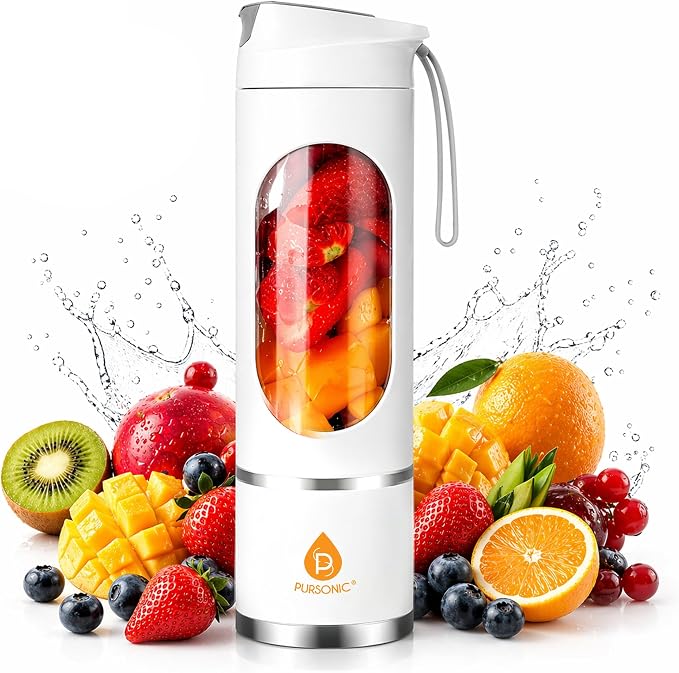 Pursonic Portable Blender Cup with 50W Motor and 12-Blade System, USB-C Rechargeable Personal Juicer for Smoothies Shakes and Baby Food - 3 Speed Settings - 15.2 oz - White