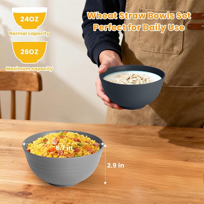 Cereal Bowl Set, Wheat Straw Fiber Unbreakable Lightweight Bowls Set (Grey Stone, 26 OZ)