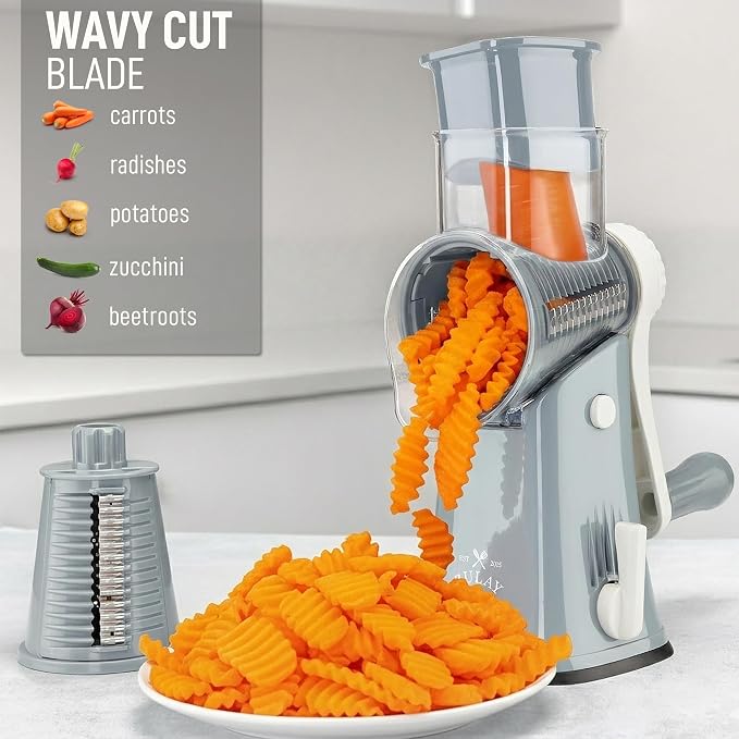 Zulay Kitchen Rotary Cheese Grater 5 Blade Cheese Shredder - Manual Hand Crank Cheese Grater With Reinforced Suction & 5 Interchangeable Drums - Easy to Use, Vegetable Chopper Round Mandoline Slicer