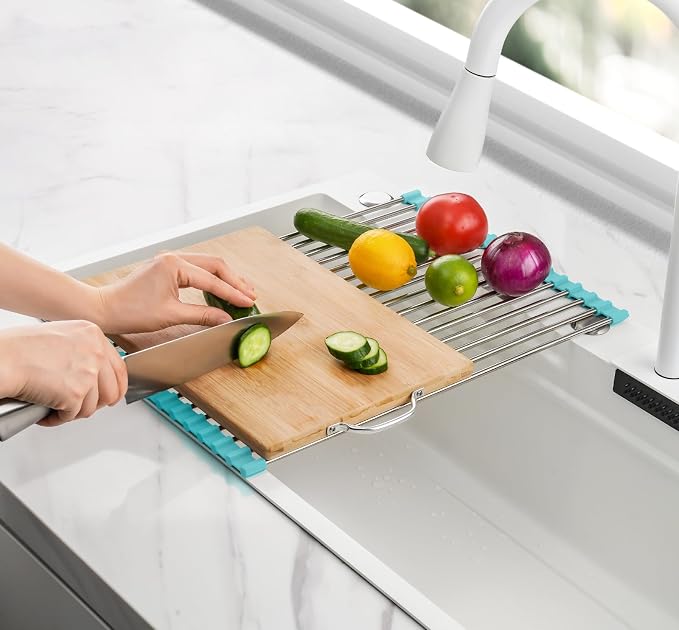 Tomorotec Roll Up Dish Drying Rack Over Sink, 304 Steel, 17.7x12.5, Green | Anti-Slip Silicone Rims For Grip, Heat-Resistant Trivet Mat Holding Heavy Cookware, Rustproof Kitchen Counter Space Saver