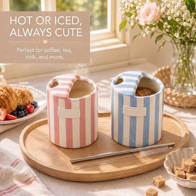 2 Pack Ceramic Mug with Sip Hole, Simple, Light Blue, Pink | 10oz Ceramic Coffee Cup with Straws, Retro Hand Painted Striped, for Iced Coffee Tea Latte Espresso, Kitchen Dining Travel