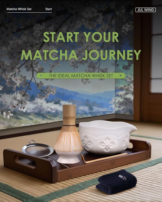 Matcha Whisk Set, Ceramic Matcha Set Includes Matcha Bowl and Matcha Whisk | Holder, Spout, Bamboo Scoop, Sifter and Tea Towel - 6 Pcs Matcha Kit Gift for Matcha Lovers Beginners
