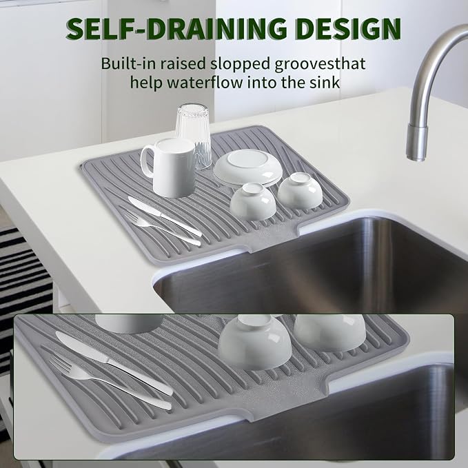 Silicone Dish Drying Mat for Kitchen Counter, 16" x 13" Grey-1pcs | Heat Resistant & Non-Slip Dish Drain Pad with Built-In Drain, Quick-Dry, Hangable & Roll-Up for Storage，Multi-Functional Use