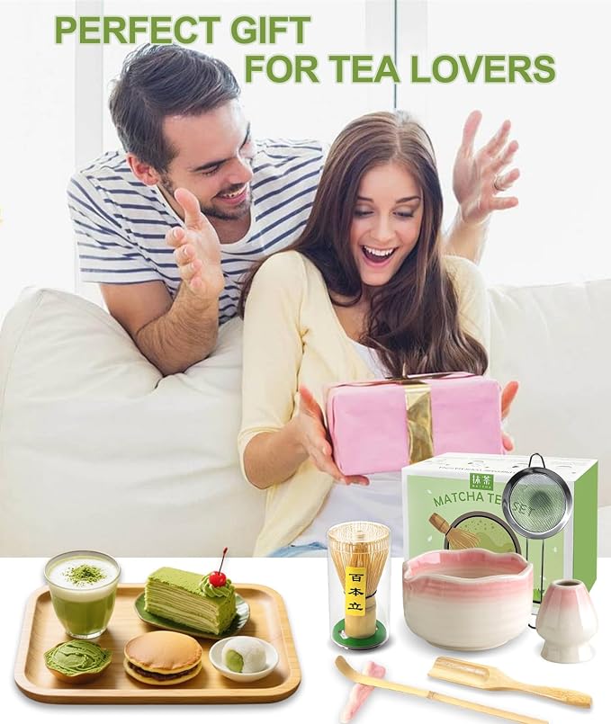 JBER Matcha Whisk Set, Ceramic Matcha Set Includes Bowl & Holder, Bamboo Whisk (Chasen), Sifter, Scoop, Spoon & Rest - 7PCS Matcha Kit Gift for Matcha Lovers & Beginners, Gradient Pink | Complete Matcha Kit Includes 17oz Bowl, Handmade Whisk 100 Prongs...