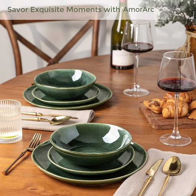 AmorArc Ceramic Dinnerware Sets for 4, 12Pcs Plates and Bowls Sets Dishes | Stoneware Handmade Reactive Glaze Dinner Set, Highly Scratch Resistant | Dishwasher & Microwave Safe Dishware