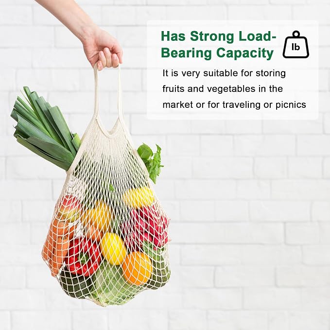 M METERXITY 2-Pack Cotton Mesh Bag, Reusable Washable Mesh Net String Grocery Bags, Reusable Produce Bags with Handle, Net Tote Bag for Fruits/Vegetables Shopping [Gray, Long&Short Handle]