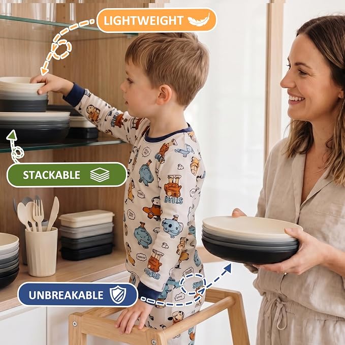 PYRMONT Plates and Bowls Sets 28 Piece Wheat Straw Dishes Set for 4 Unbreakable & Lightweight Dishware Sets for Kitchen,RV Essentials,Camping Cutlery Set Microwave & Dishwasher Safe-Grey Stone