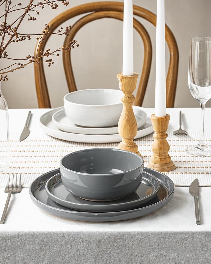 Famiware Milkyway 12-Piece Stoneware Dinnerware Set, White & Dark Gray | Plates and Bowls for 4, Dishes Set for Everyday & Formal Use, Microwave & Dishwasher Safe, Chip & Scratch Resistant
