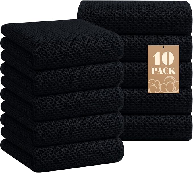 Homaxy 100% Cotton Waffle Weave Kitchen Towels, 10-Pack, Black | Ultra Soft Absorbent Dish Towels, Quick Drying Cleaning Towels, 13 x 28 Inches