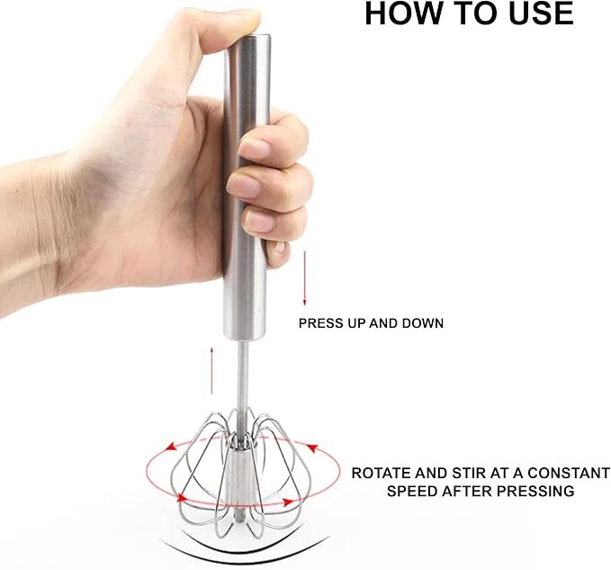 Stainless Steel Whizzy Whisk, Semi Automatic Whisk Egg Whisks Mixer for Stirring, Blending, Whisking, & Beating Blender, Hand Push Mixer (10 inches)