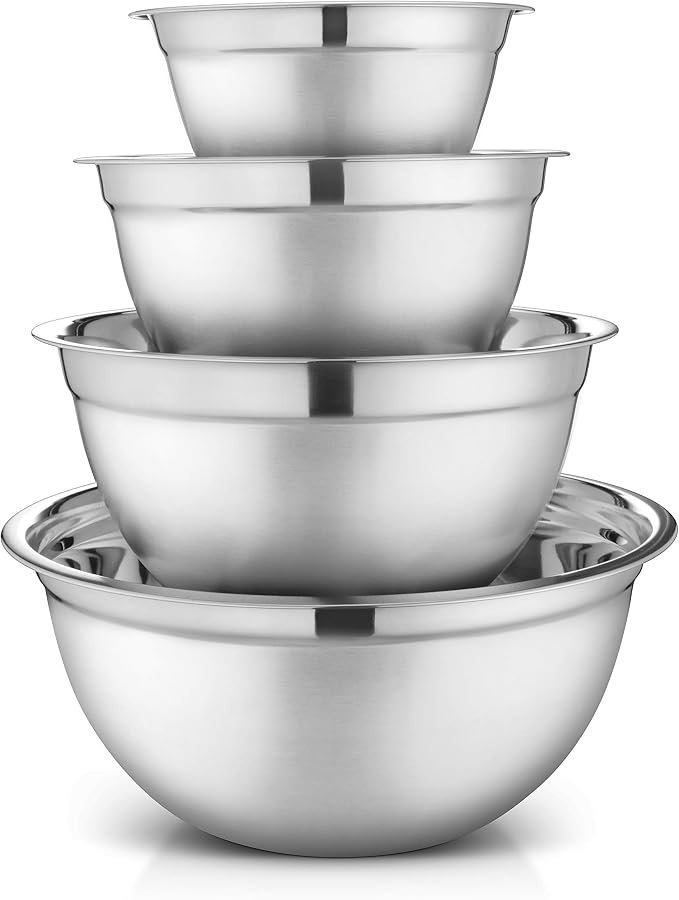 Premium Stainless Steel Mixing Bowls, Set of 4 Stainless Steel Mixing Bowl Set, Easy To Clean, Space Saving, Great for Cooking, Baking, Prepping 0.74qt 1.4qt 3qt 5qt (4 pc German Mixing Bowl)