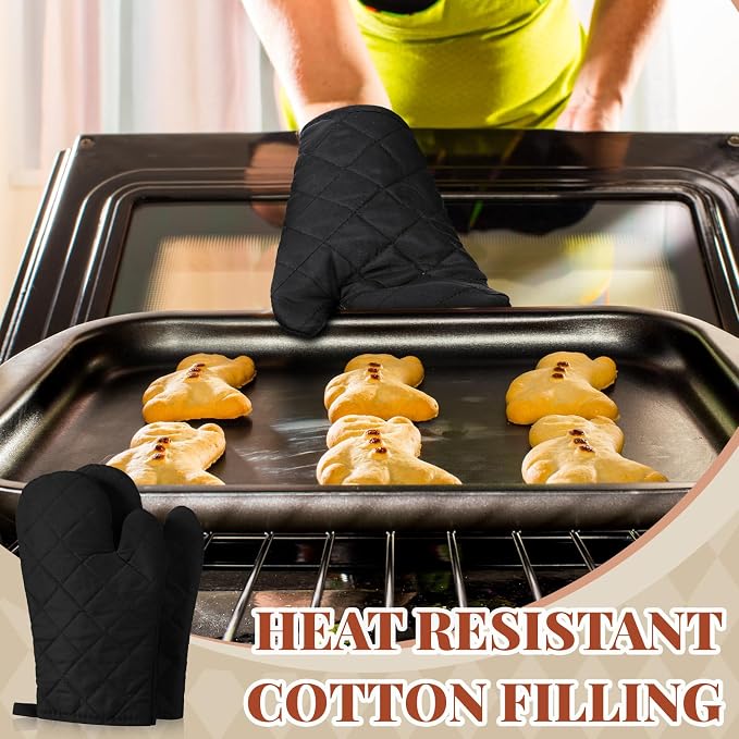 Geyoga 12 Pairs Oven Mitts Heat Resistant Kitchen Long Oven Gloves Mitts Thick Cotton Winter Quilted Baking Flexible Glove Bulk for Cooking BBQ Picnic Kitchen Grilling 10.6 Inch(Black)