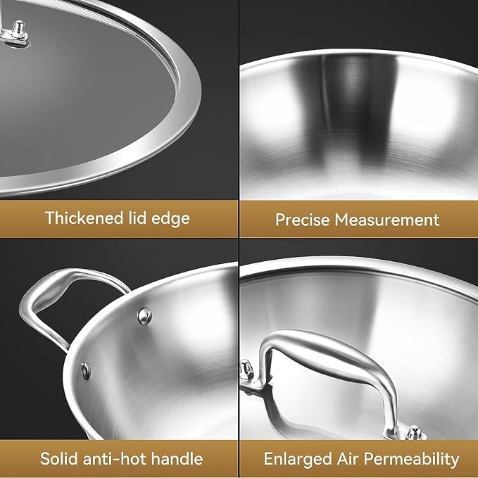Inqibee 10 Inch Stainless Steel Wok Pan with Lid, Riveted Handle | Uncoated Tri-Ply Stainless Steel Stir Fry Pan, Everyday Cooking Wok for Induction, Flat Bottom, Dishwasher & Oven Safe