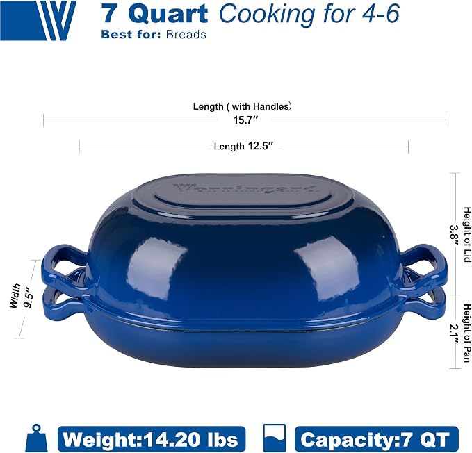 VORRINGARD Enameled Cast Iron Sourdough Bread Oven, Dutch Oven, Loaf Cast Iron Bread Pan for Homemade Bread Baking, Meatloaf Pan with Lid, 7QT, Blue