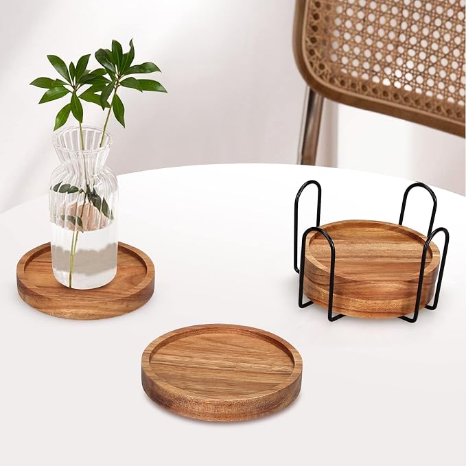 Wood Coasters Set of 4 Farmhouse Outdoor Coster for Drink Patio Table Decor | Cute Wooden Coaster with Holder Rustic Coffee Bar Accessories Kitchen and Dining Room Decoration Aesthetic Cool Cup Coasters
