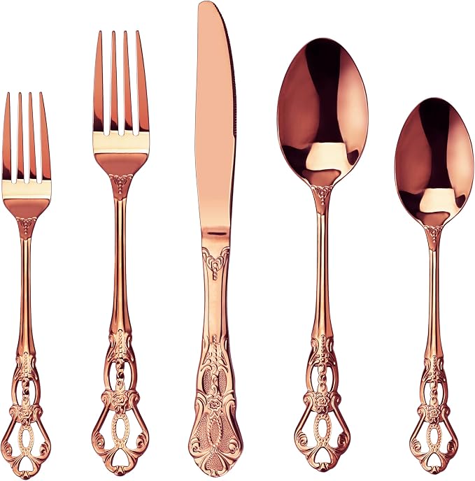 Runfly Gorgeous Retro Royal Rose Gold Stainless Steel 20-Piece Flatware Set | Silverware Set for 4, Anti-rust Cutlery Set Utensils Kitchen Including Fork Spoon and Knife