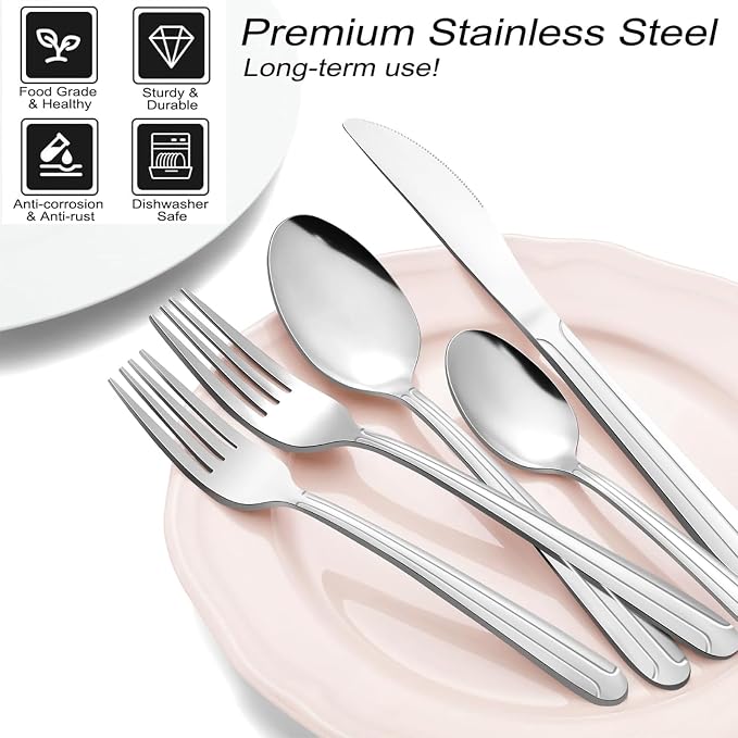 Pleafind 72-Pieces Silverware Set for 12, Flatware Set with Steak Knives, Stainless Steel Cutlery Set, Include Forks Spoons and Knives Set, Dishwasher Safe Utensil Sets for Home Restaurant