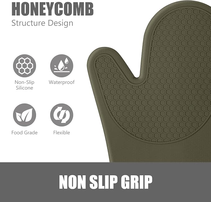RORECAY Silicone Oven Mitts and Pot Holders Sets, Gloves for Kitchen, Olive | Set of 6 Kitchen Mitts for Baking & Cooking, Heat Resistant 500 ℉, 12.7" Extra Long, Non-Slip & Waterproof, Quilted Cotton