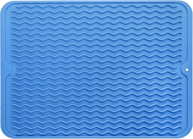 MicoYang Silicone Dish Drying Mat — Quick-Dry Ridges Counter & Sink Pad, Heat-Resistant Trivet to 450°F, Non-Slip & Dishwasher Safe, Roll-Up Storage, 18 Colors & 9 Sizes (Lichen Blue, 16"×12")