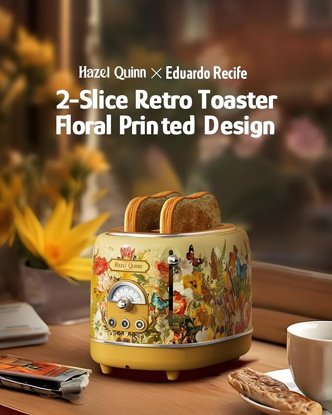 Hazel Quinn X Eduardo Recife 2-Slice Retro Toaster 6 Browning Levels Floral | 3 Functions-Defrost/Reheat/Cancel, Removable Crumb Tray for Easy to Clean 1.5 Inches Extra Wide Slots, Toast Bagels Breakfast