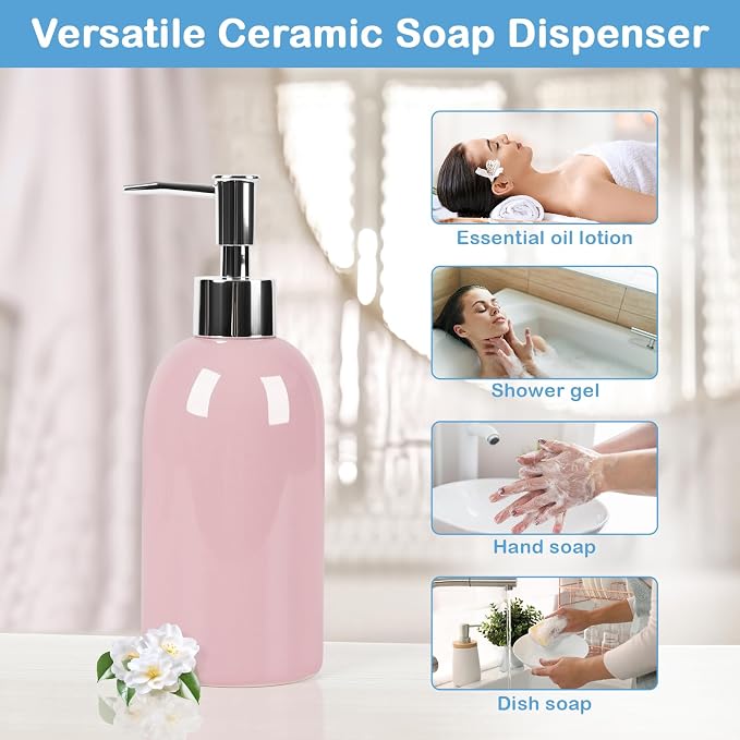 Natheeph Soap Dispenser for Bathroom/Kitchen Fill Hand Soap/Dish Soap, 14OZ | Soap Pump Dispenser Bottle, Ceramic Soap Dispenser Refillable Shampoo/Lotion/ Liquid/Detergent for Bathroom/Kitchen (Pink)