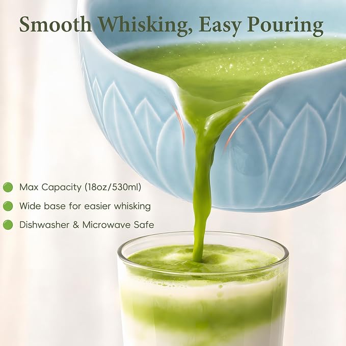 Matcha Whisk Set, Ceramic Matcha Set Includes Bowl & Holder, Bamboo Whisk (Chasen), Scoop, Spoon and Sifter, 6Pcs Matcha Kit Covers Everything Needed for Making Matcha (Leaf Blue)