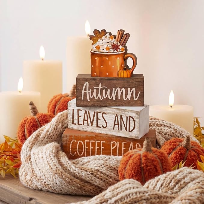 Lineshading 4 Pcs Fall Coffee Wooden Block Signs Tiered Tray Decor Autumn | Rustic Tabletop Decor for Kitchen Coffee Corner, Stackable Wooden Blocks with Autumn Leaves, Farmhouse Style Home Accent Gift
