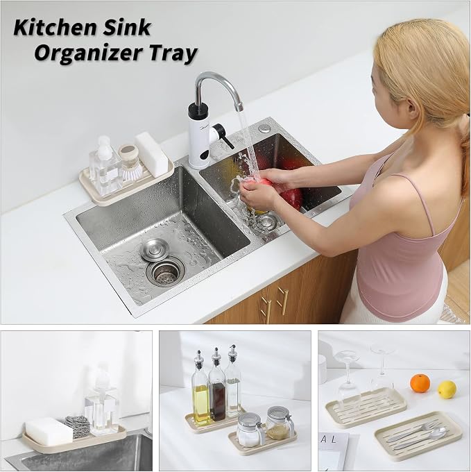 MicoYang Silicone Kitchen Sink Organizer Tray for Multiple Usage,Eco-Friendly Sponges Holder for Kitchen Bathroom Counter or Sink,Dish Soap Dispenser,Scrubber,Bottle,Cup (Tapioca, 10"×5.3")