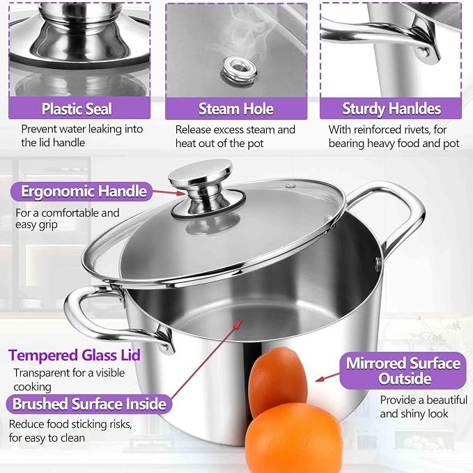 P&P CHEF 5 Quart Tri-Ply Stainless Steel Stock Pot, Cooking Pot with Lid | 5 Qt Stockpot for Soup Pasta Vegetable, Induction Cookware for All Stoves, Sturdy & Double Handle, Oven & Dishwasher Safe