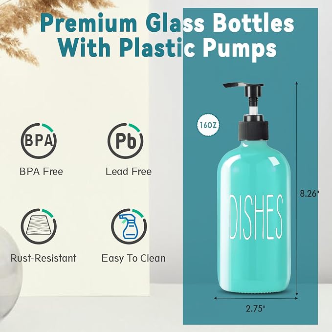 COHOSEGE Glass Soap Dispenser Set 2 Pack,16 Oz Dish Soap Dispenser for Kitchen Sink,Teal Kitchen Accessories and Kitchen Decor,Turquoise Decorations and Kitchen Utensils for Kitchen