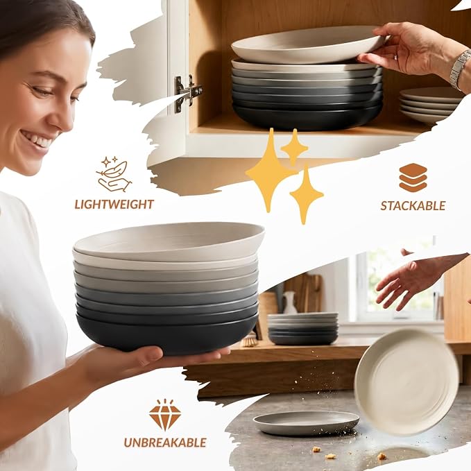 Wheat Straw Plates Set of 8, Reusable Lightweight and Unbreakable 9 inch Plates, Premium Microwave and Dishwasher Safe Plates for Kitchen, Camping, Picnic, Party - GreyStone