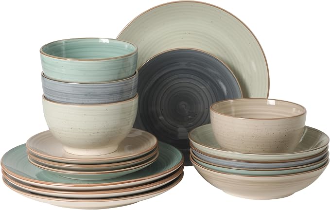 Gibson Home Stonebury 16 Piece Plates and Bowls Assorted Color Dishes - Handpainted Stoneware Dinnerware Set - Service for 4