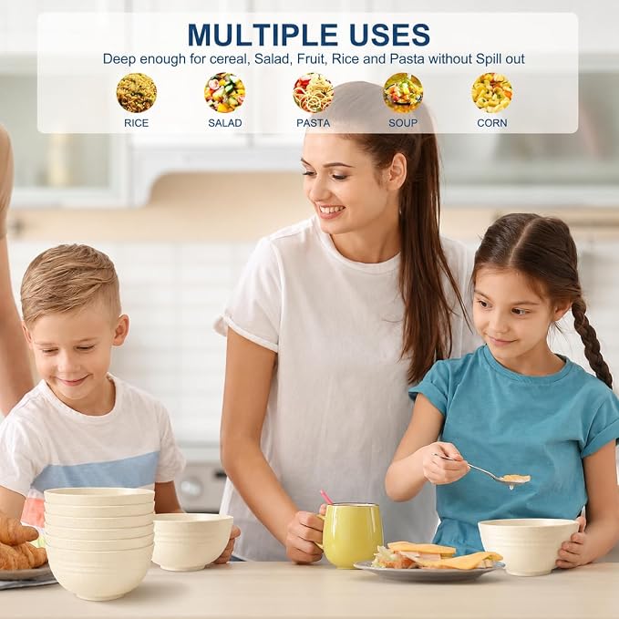 HOTEC Unbreakable Wheat Straw Cereal Bowls - Microwave & Dishwasher Safe Soup and Salad Bowls BPA Free, Set of 8, 26oz, Off-White