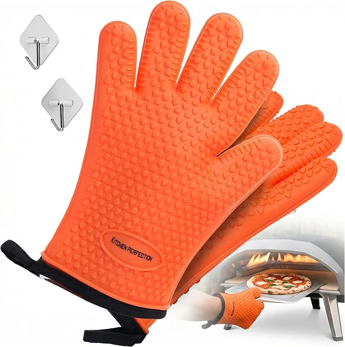 Kitchen perfection Silicone Pizza Oven Gloves - Heat Resistant Oven Mitts | Waterproof, 5-Finger Design For A Better Grip, for Outdoor & Indoor Pizza Ovens, Compatible with Ooni, Ninja, Gozney & More
