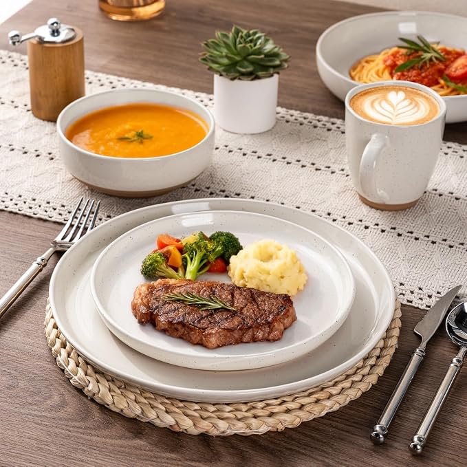 AmorArc Dinnerware Sets for 6, 18 Pieces Ceramic Plates and Bowls Set | Scratch Resistant Stoneware Dishes Set, Dishwasher & Microwave Safe, Light Beige