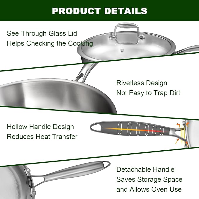 EWFEN 12 Inch Tri-Ply Stainless Steel Frying Pan, Compatible with All Cooktops Up to 600℉, Large Frying Pan with lids, Induction-Ready Skillet, Dishwasher and Oven Safe, Even Heat, 12" Skillet + Lid