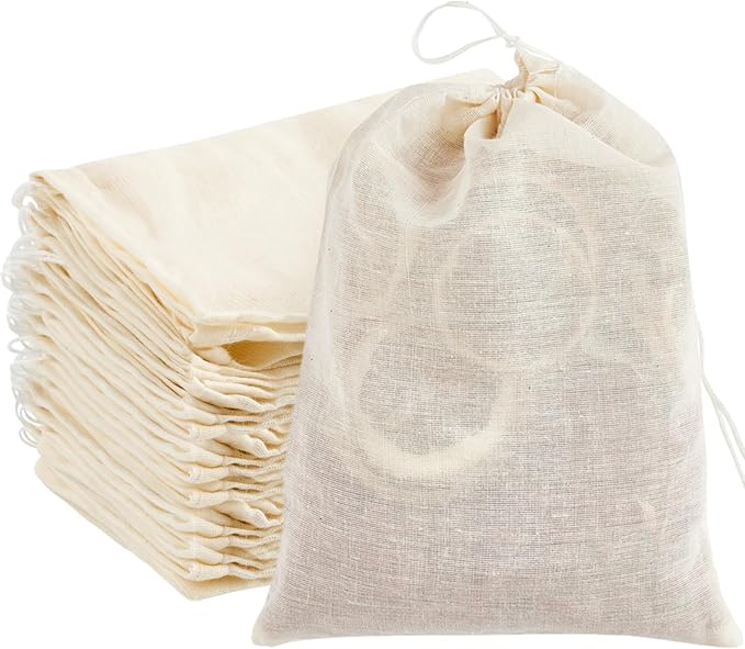 TUZAZO 24 Pcs Muslin Bags with Drawstring 6 x 8 inch, Reusable Spice Bags for Cooking Soup, Natural Cotton Unbleached Cheesecloth Bag for Straining, Bone Broth Brew Herb Sachet Bag Empty