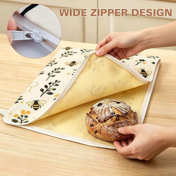 2 Packs Wide Zipper Beeswax Bread Bags for Sourdough With Sealing | XL Large Capacity Reusable Beeswax Linen Cotton Sourdough Bag for Bread Freshness
