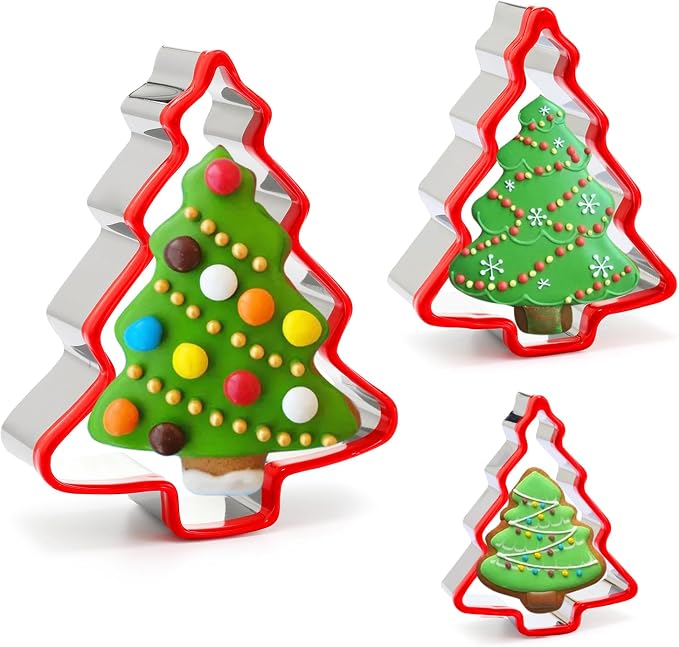 Christmas Tree Cookie Cutters 3PCS, Stainless Steel Christmas Cookie Cutter Tools with Red Environmental PVC, Christmas tree Shape Moulds Set for Baking