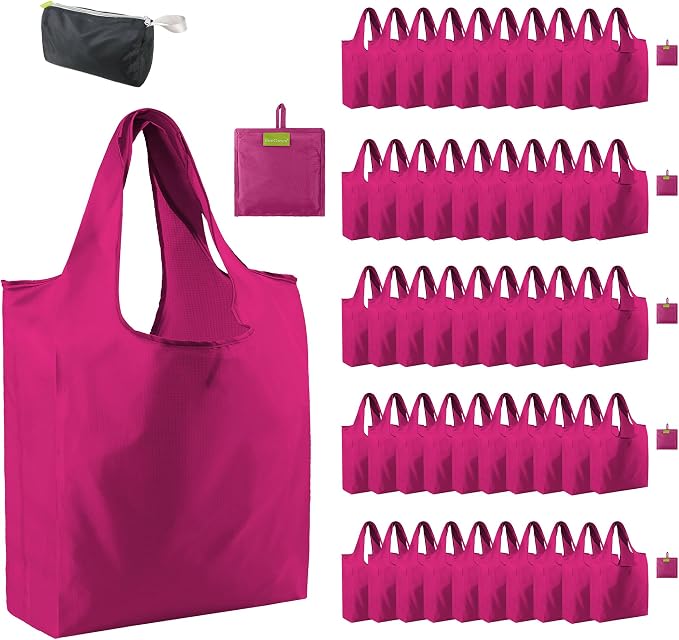BeeGreen Cerise Reusable Grocery Bags Wholesale Reusable Kitchen Bags Bulk Foldable-Machine Washable with Zipper Storage Pouch 50 Packs