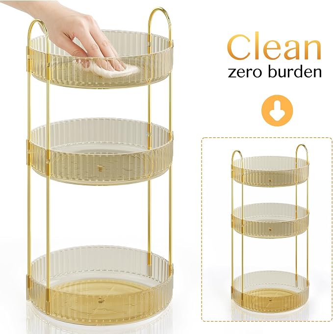 Rotating Makeup Organizer Countertop, 3 Tier, Gold | Skincare Organizers, Spinning Perfume Tray Stand, Makeup Storage Organizer for Vanity, Bathroom Organizer, Lazy Susan