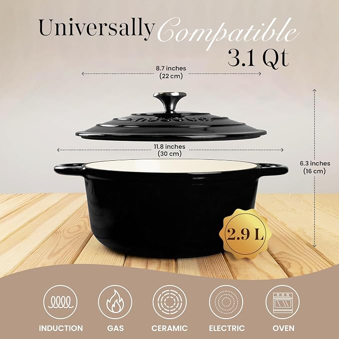 Cast Iron Dutch Oven with Lid - Non-Stick Ovenproof Enamelled Casserole Pot - Sturdy Dutch Oven Cookware - Black, 3.1-Quart, 22cm- by Nuovva