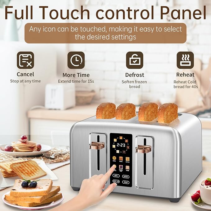 SEEDEEM 4 Slice Stainless Steel Toaster, 1.5" Wide Slots, Silver Metallic | Toaster 4 Slice, 6 Bread Type, 7 Shade Settings, 1.5'' Wide Slots, Cancel/Defrost/Reheat, Removable Crumb Tray, 1800W