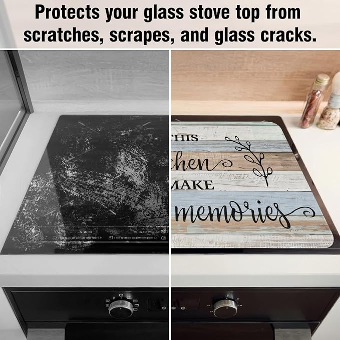 Farmhouse Glass Stove Top Cover for Electric Stoves,Kitchen Rules Wooden Blue Farmhouse Stove Top Cover for Kitchen Decor,Heat Resistant Cooktop Protector Mat,Non-Slip Washable Dish Drying Mat 28"x20"