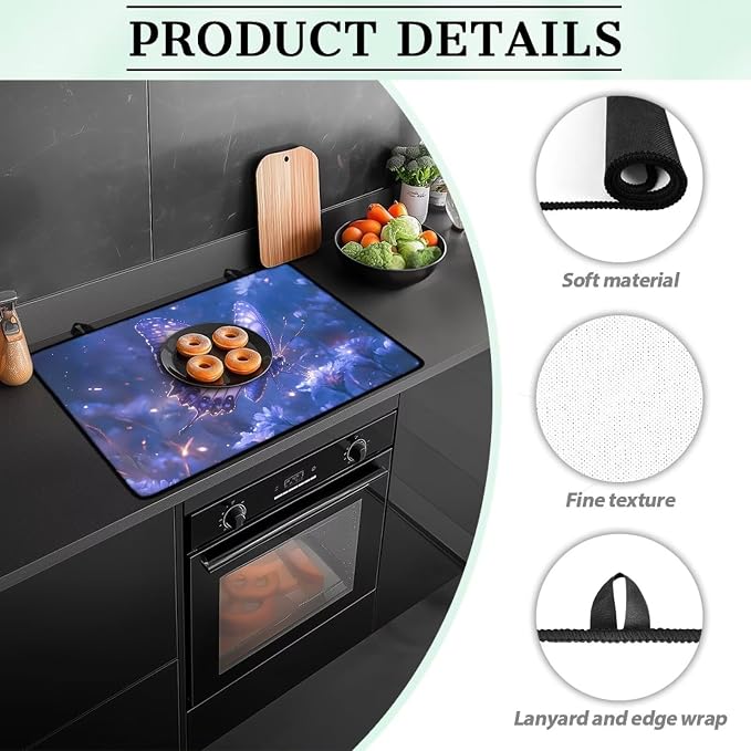 Butterfly Purple Stove Top Cover for Electric Stove, Multifunctional Stove Mat, Heart Resistant Cooktop Cover, Folding Range Top Cover, Countertop Dust Protection Cover, 30 x21 Inches