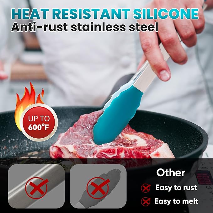 12-Inch Kitchen Tongs for Cooking with Silicone Tip,Turquoise | 600℉ Heat-Resistant,Stainless Steel Locking Cooking Tongs Food Tongs for BBQ/Cooking/Salad/Serving Food,Heavy Duty,Non-Stick