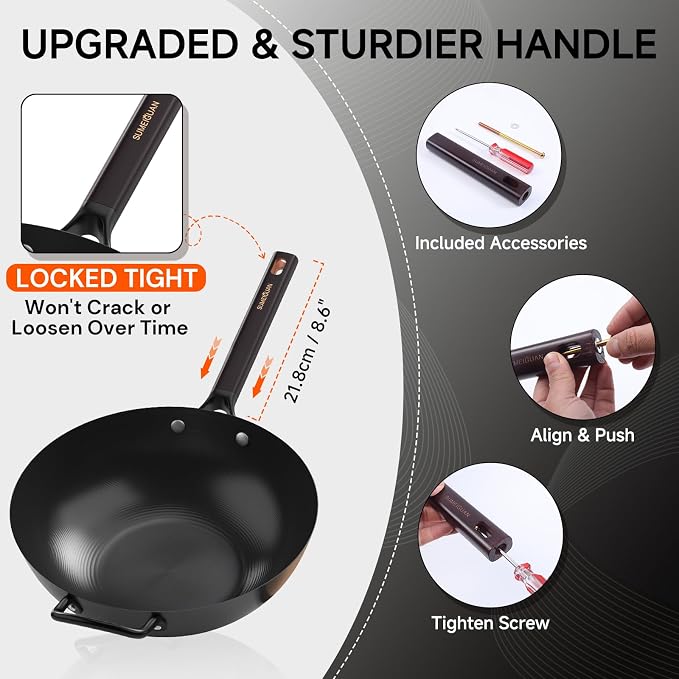 13.5" Carbon Steel Wok Pan - Pre-Seasoned Flat Bottom Woks & Stir-fry Pans Chinese Cookware with Lid & Spatula - For Pan-fry,Stir Fry, Steam, BBQ & Camping - Compatible with Induction, Gas