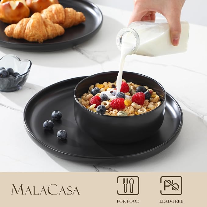 MALACASA 12 Pcs Porcelain Plates and Bowls Sets,Dinnerware Set for 4,Black | Modern Ceramic Dishware Set,Kitchen Dining Ware,Microwave and Dishwasher Safe,Simple Matt Black Design,Series LUNA