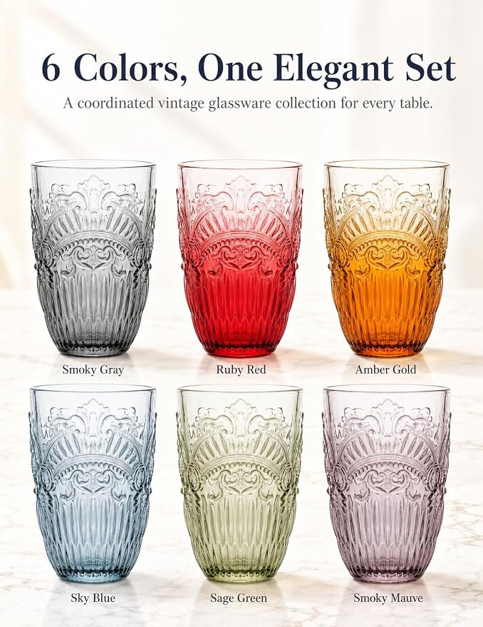 13 OZ 6 Pack Vintage Drinking Glasses Set, Colorful Textured Glass Water Tumblers Cups -Embossed Striped Glassware for Water, Cocktails, Juice, Iced Coffee, Beer(Imperial Arch style)